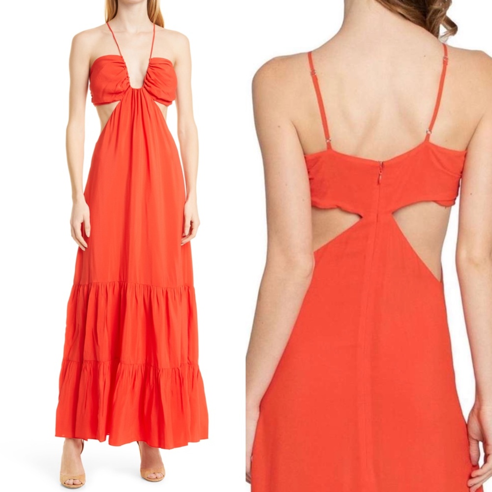 NEW NICOLE MILLER Red Orang SILK Halter Cross Straps Cutout TIERED Maxi DRESS XL